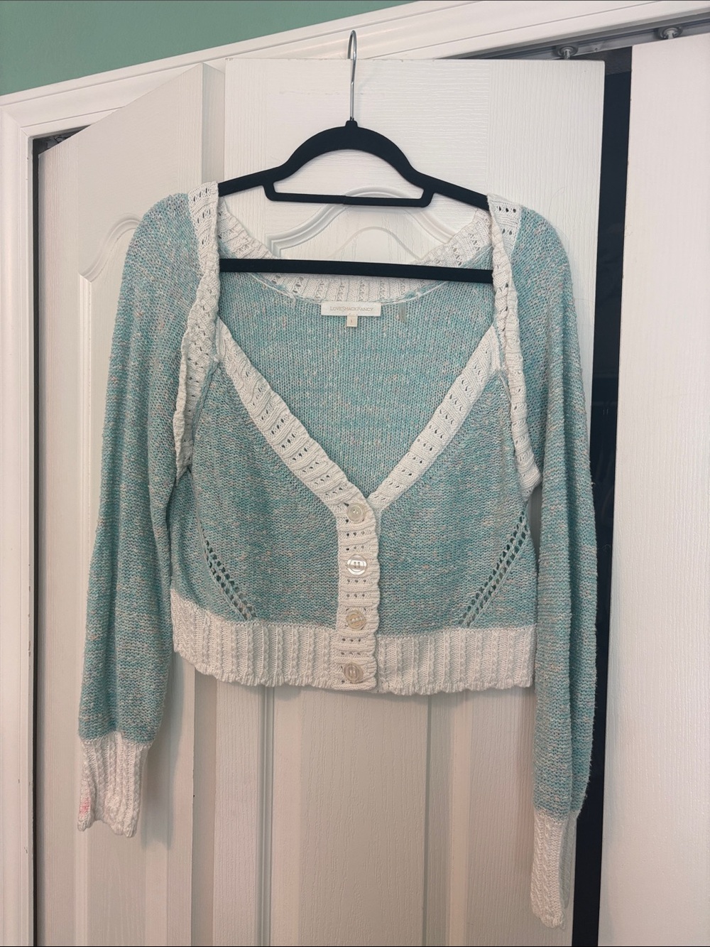 LoveShackFancy Aqua and White Cropped Button-Front Cardigan